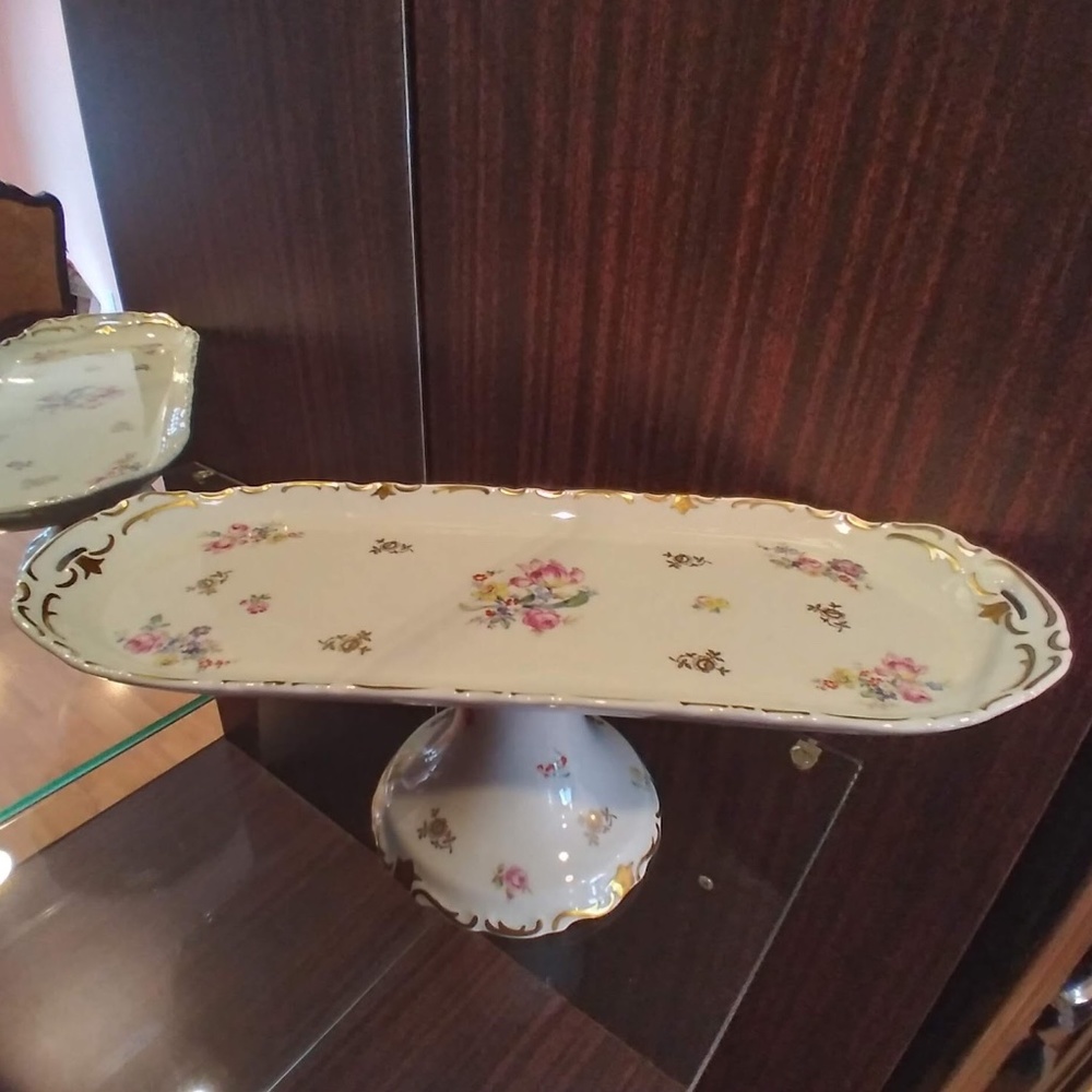 Reichenbach Mid-Century Porcelain Footed Serving Tray Floral and Gold Pattern